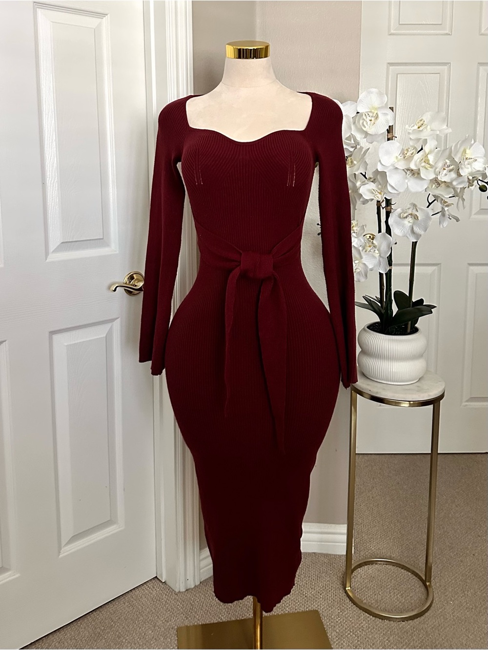 Forever 21 Burgundy Wine Ribbed Tie-Waist Midi Sweater Dress w/ Bell Sleeves  -